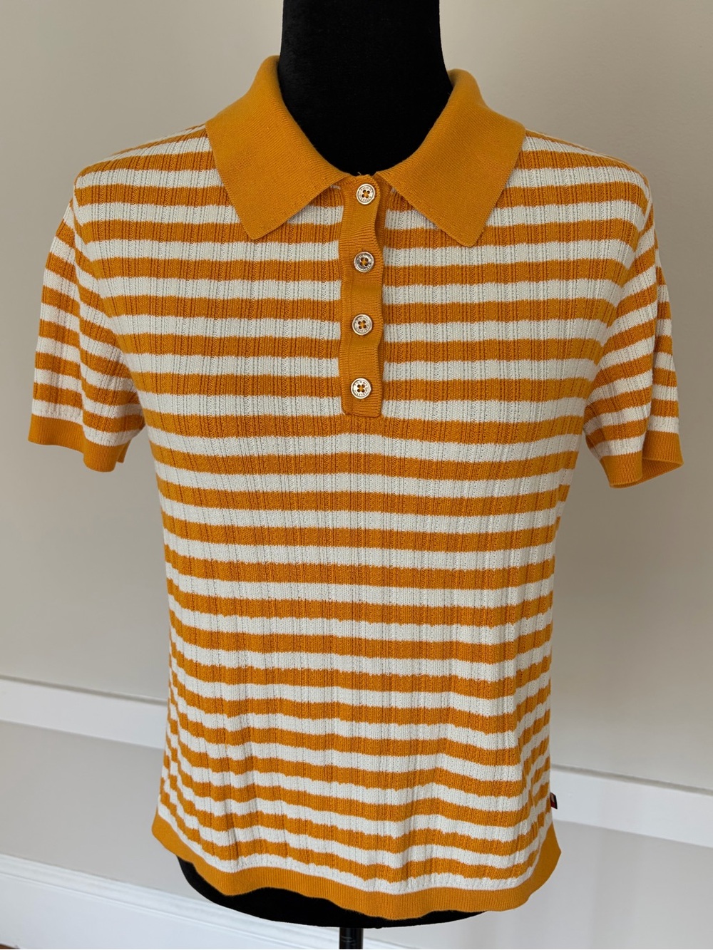Tommy Hilfiger Striped Short-Sleeve Button Up Polo Mustard Yellow White Preppy
